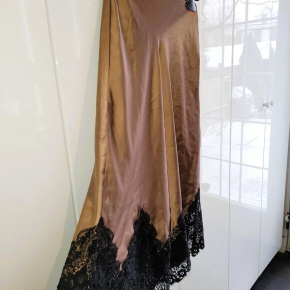 ZARA Lace Trim Satin Midi Skirt - Caramel Brown Size XS - Picture 5 of 10